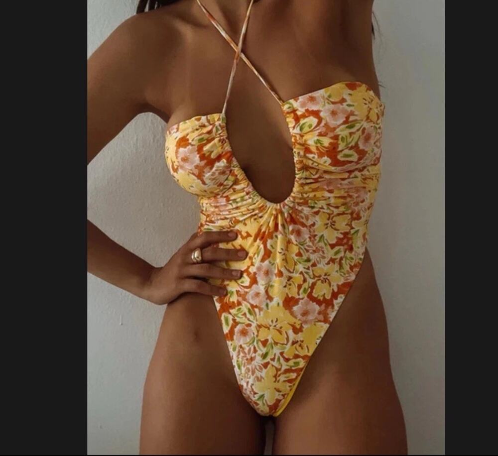 Princess Polly Fern One Piece Swimsuit Yellow Floral Halter High Cut Size 4